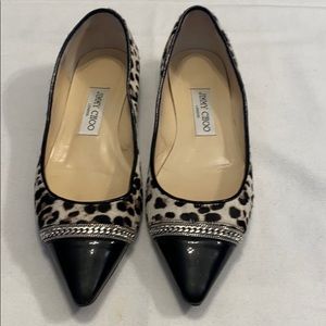 Jimmy Choo Sz-7.5 pony hair, patent toe w/leopard